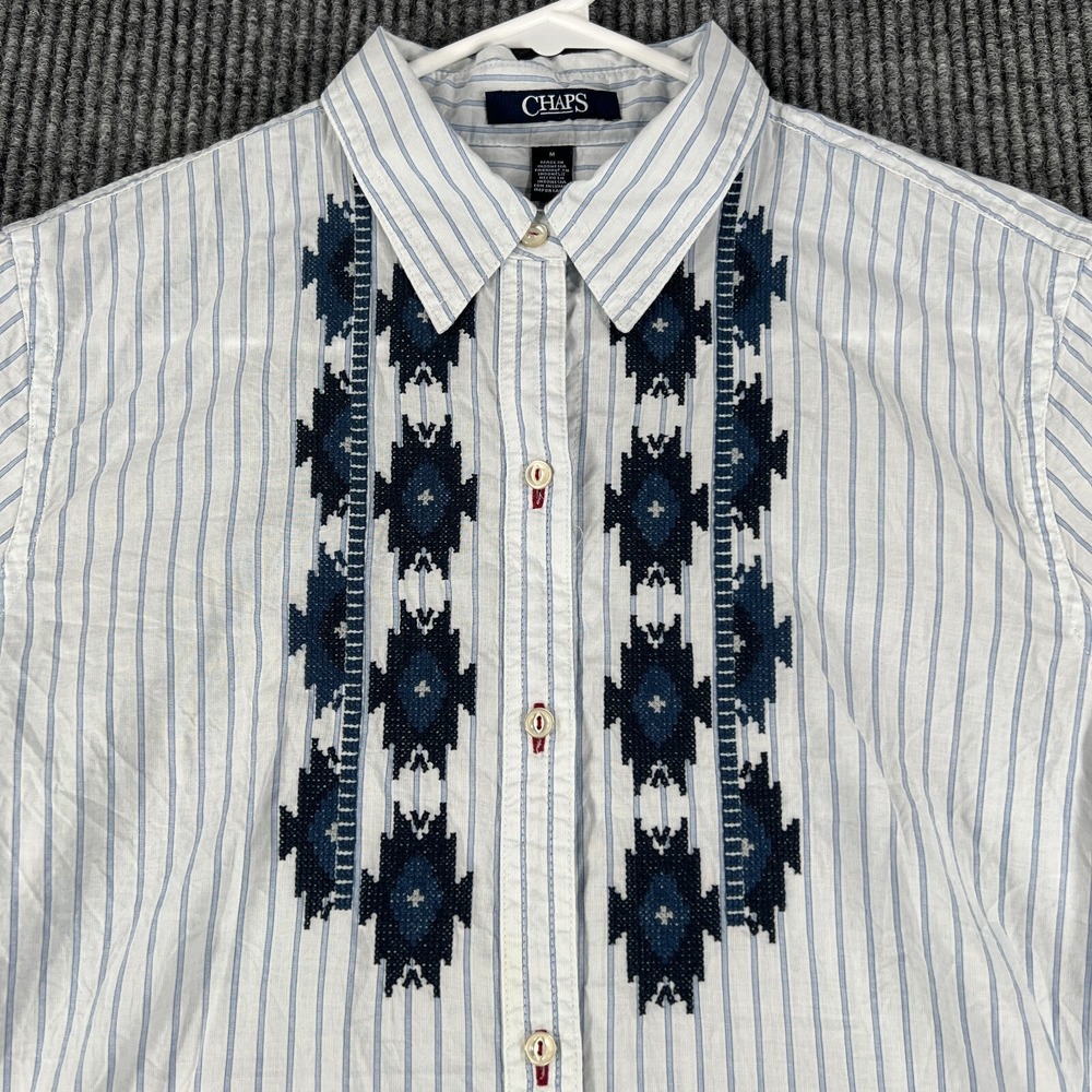 Chaps Shirt Womens Medium White Blue Striped Long Sleeve Button‎ Up Embroidered